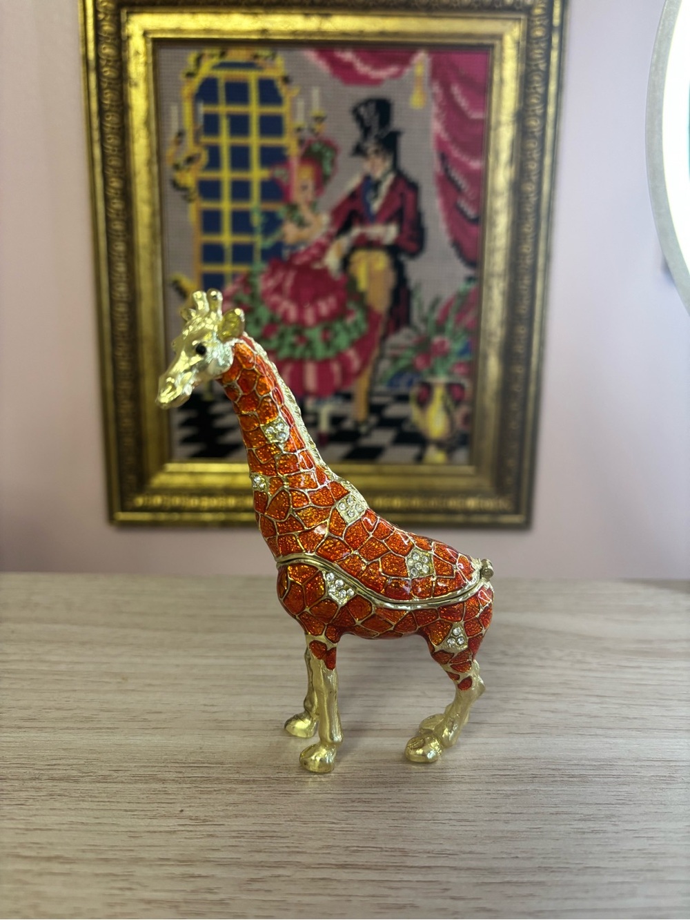 Enameled Gold Orange Giraffe Rhinestone Hinged Trinket Box Ring Holder Figurine